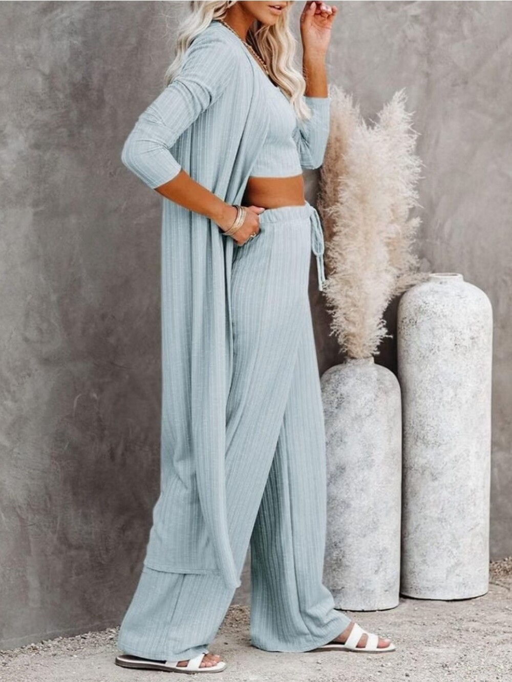 3pcs Lounge Set Long Sleeve Cardigan Sleeveless Top Pants Sweatsuit
